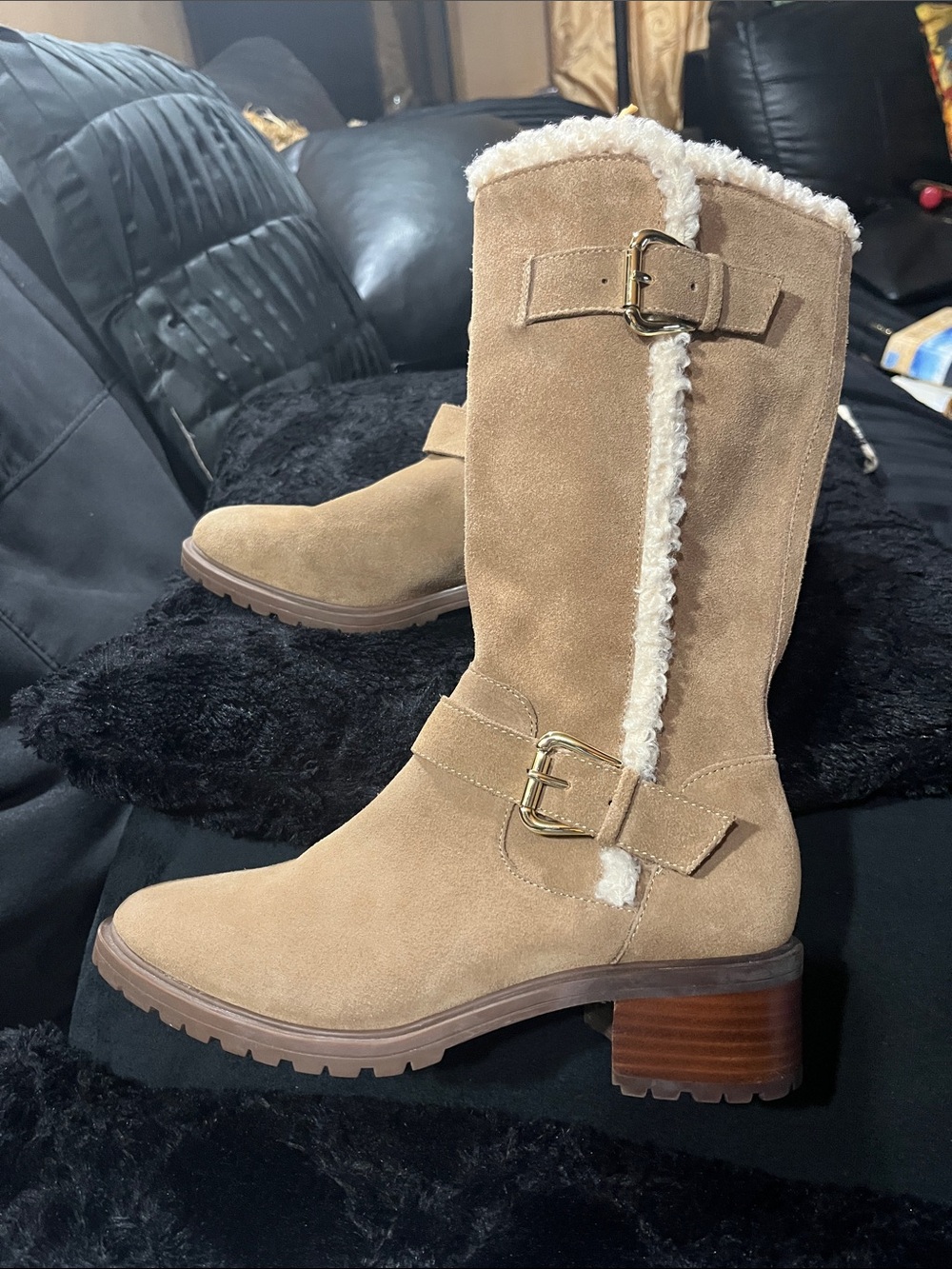 Sole Society Women’s Tan Suede Faux-Shearling Mid-Calf Boots (SZ.6.5)